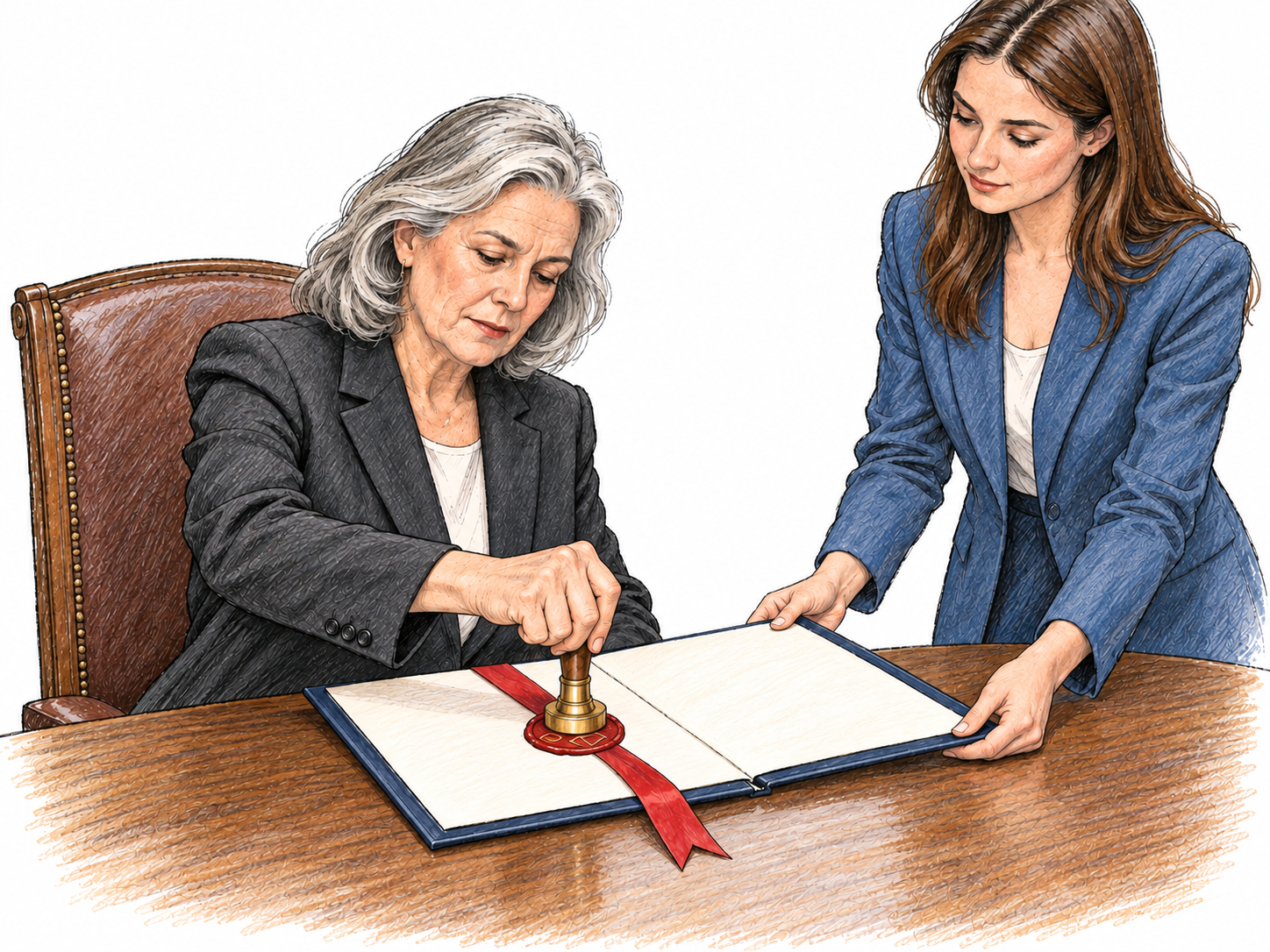 A senior official formally approves an agreement by pressing a large official seal onto its ribbon-bound document while a younger clerk presents it across a meeting table.