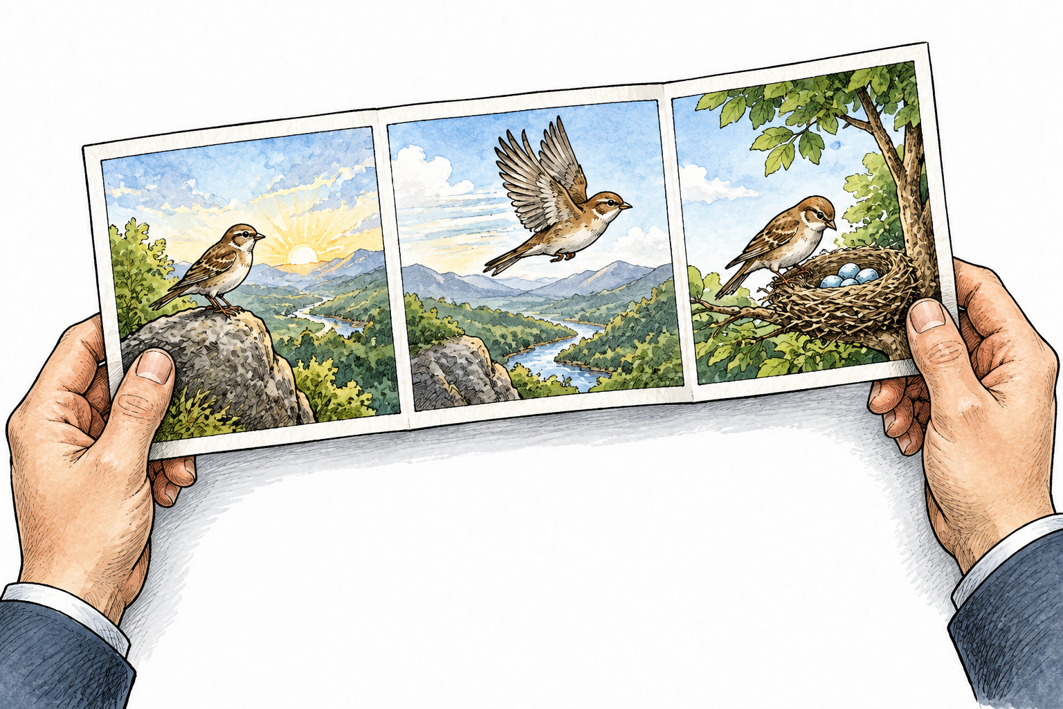 A long folded picture-story sequence compressed into three small key-scene panels on a single card held by an editor, concise plot summary visually, no writing.
