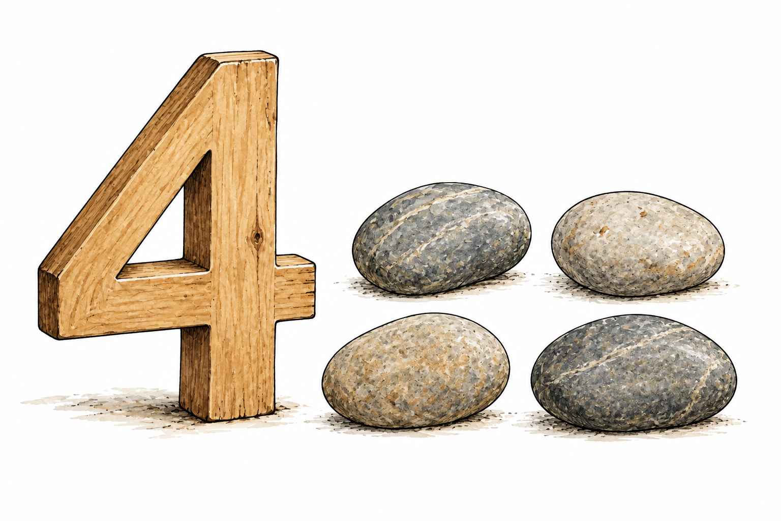One plain wooden numeral4 beside four matching smooth stones, clear representation of quantity; only numeral4.