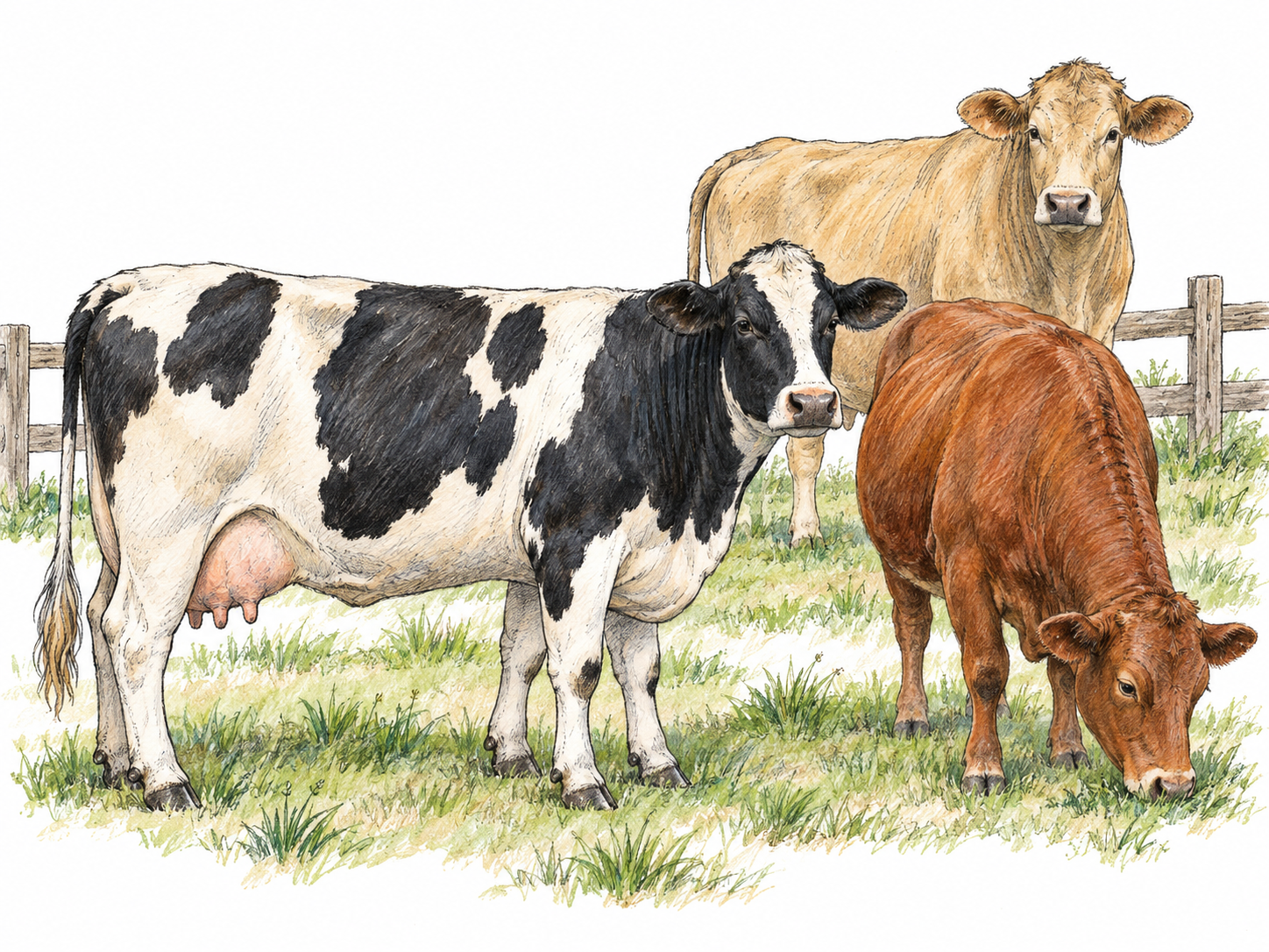 A small group of three adult domestic cattle standing and grazing together in a simple fenced pasture, with recognizable bovine anatomy and one clearly visible udder.