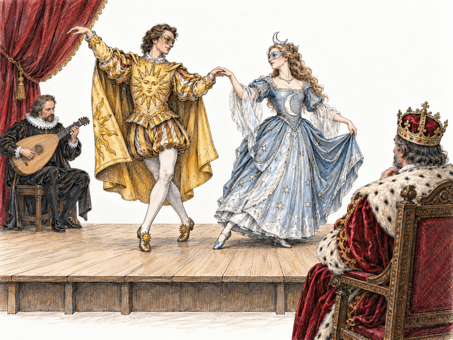 An early-seventeenth-century English court masque: two elaborately costumed, masked performers dance on a low stage, accompanied by a lutenist, before a seated crowned monarch.