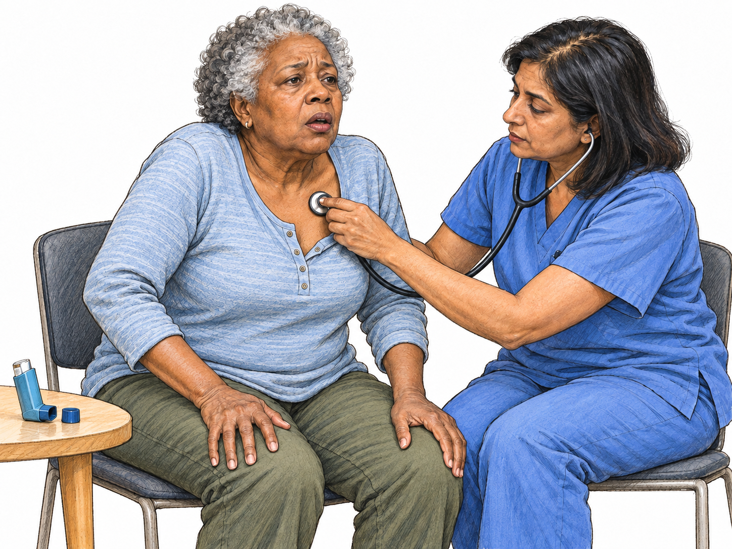 A woman visibly struggling to breathe while a clinician listens closely to her chest with a stethoscope; a rescue inhaler beside her reinforces a narrowed-airway breathing episode rather than exertion or coughing.