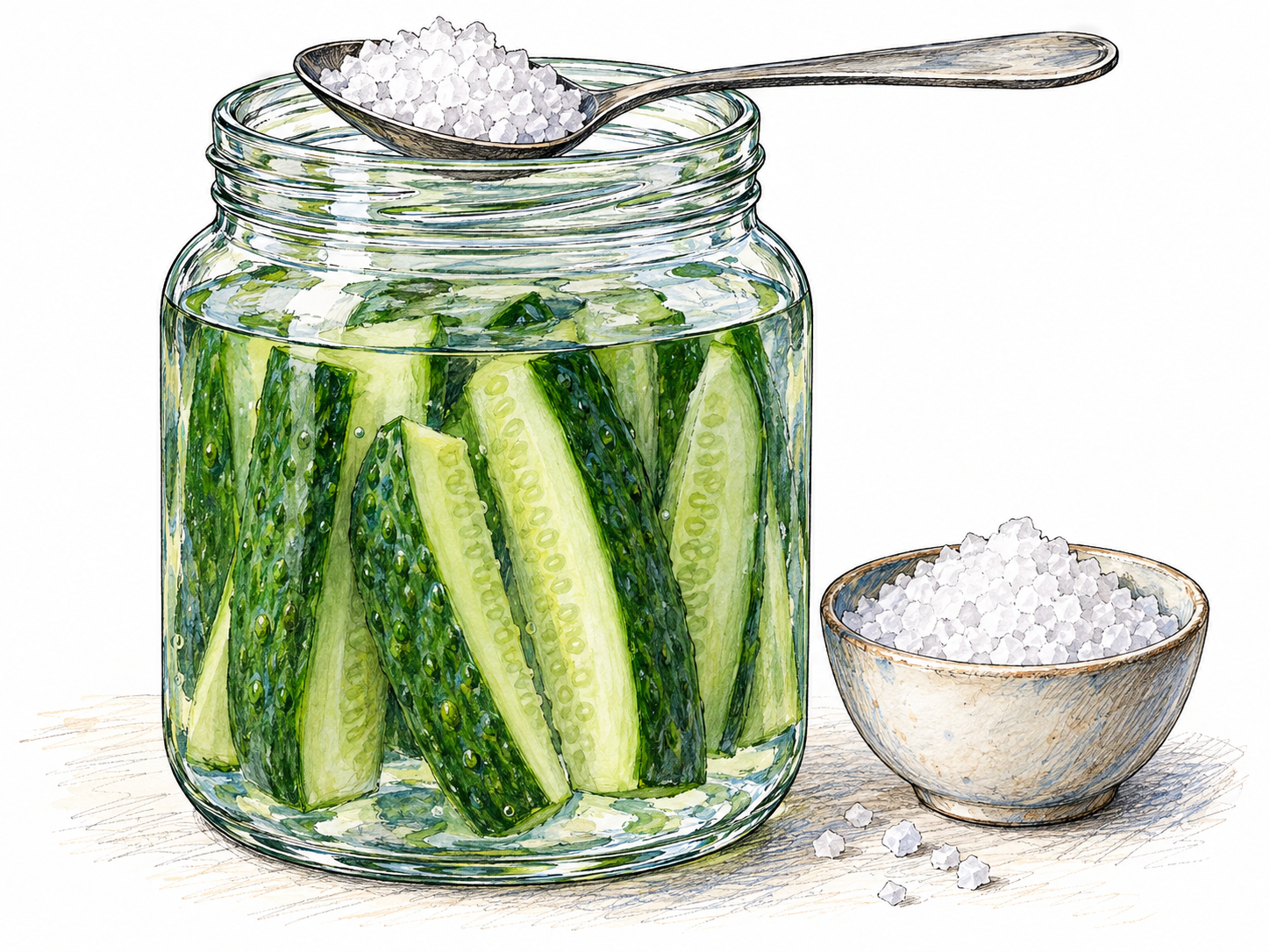 A clear preserving jar holds cucumber spears submerged in water, with a heaped spoon of coarse salt resting across its open mouth and a small bowl of matching salt crystals beside it.