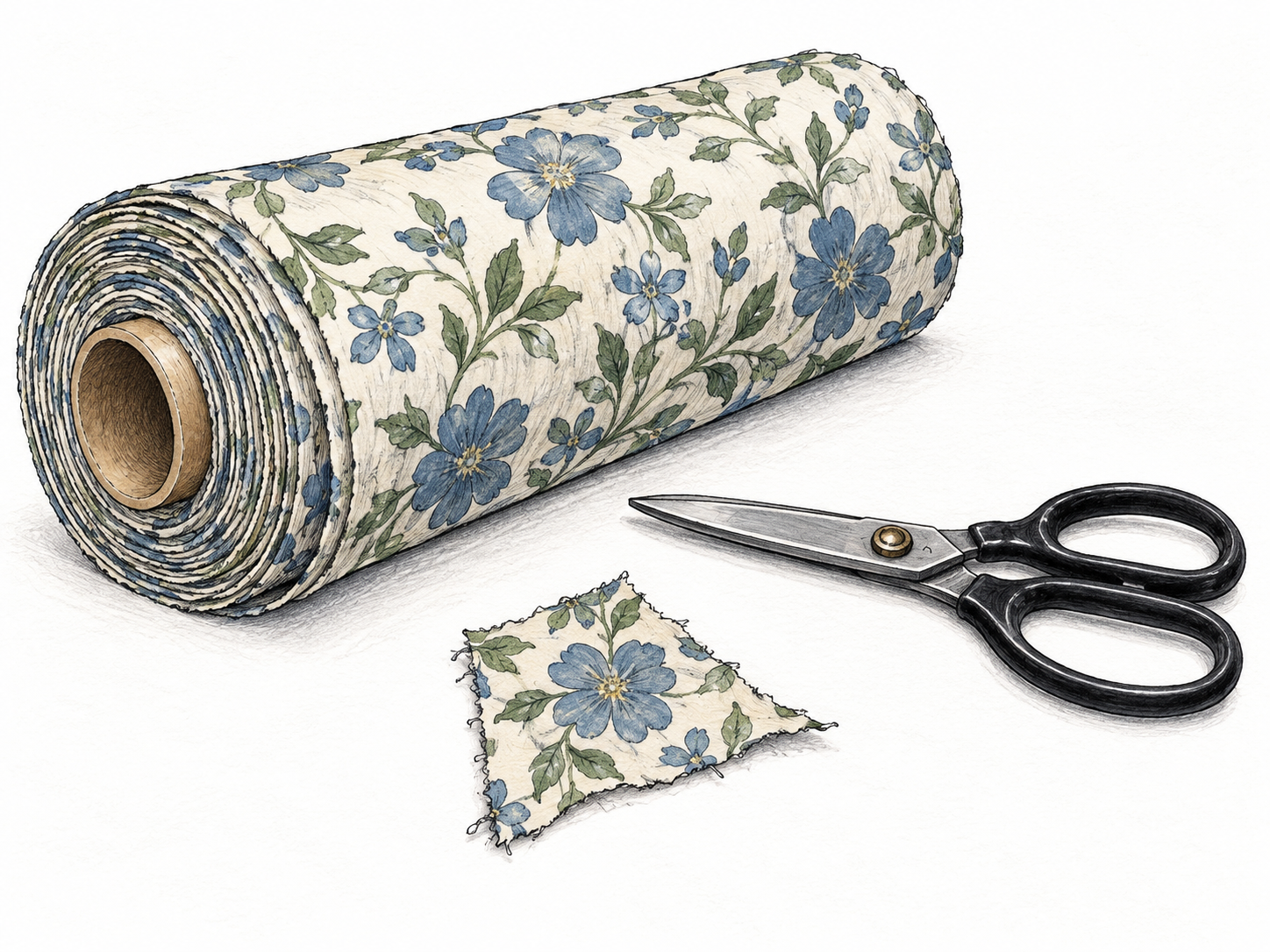 Small irregular patterned cloth remnant beside large matching fabric roll with most unwound cut away and scissors resting closed; tiny leftover scrap focal, no printed words.