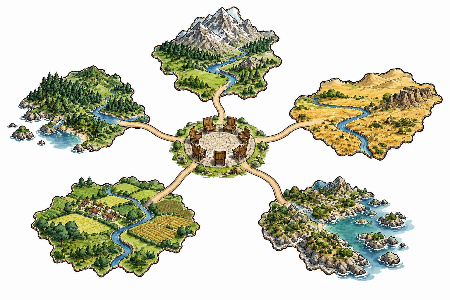 Several small self-governing regions on a stylized map connect to a common meeting circle while retaining distinct borders, no specific countries.