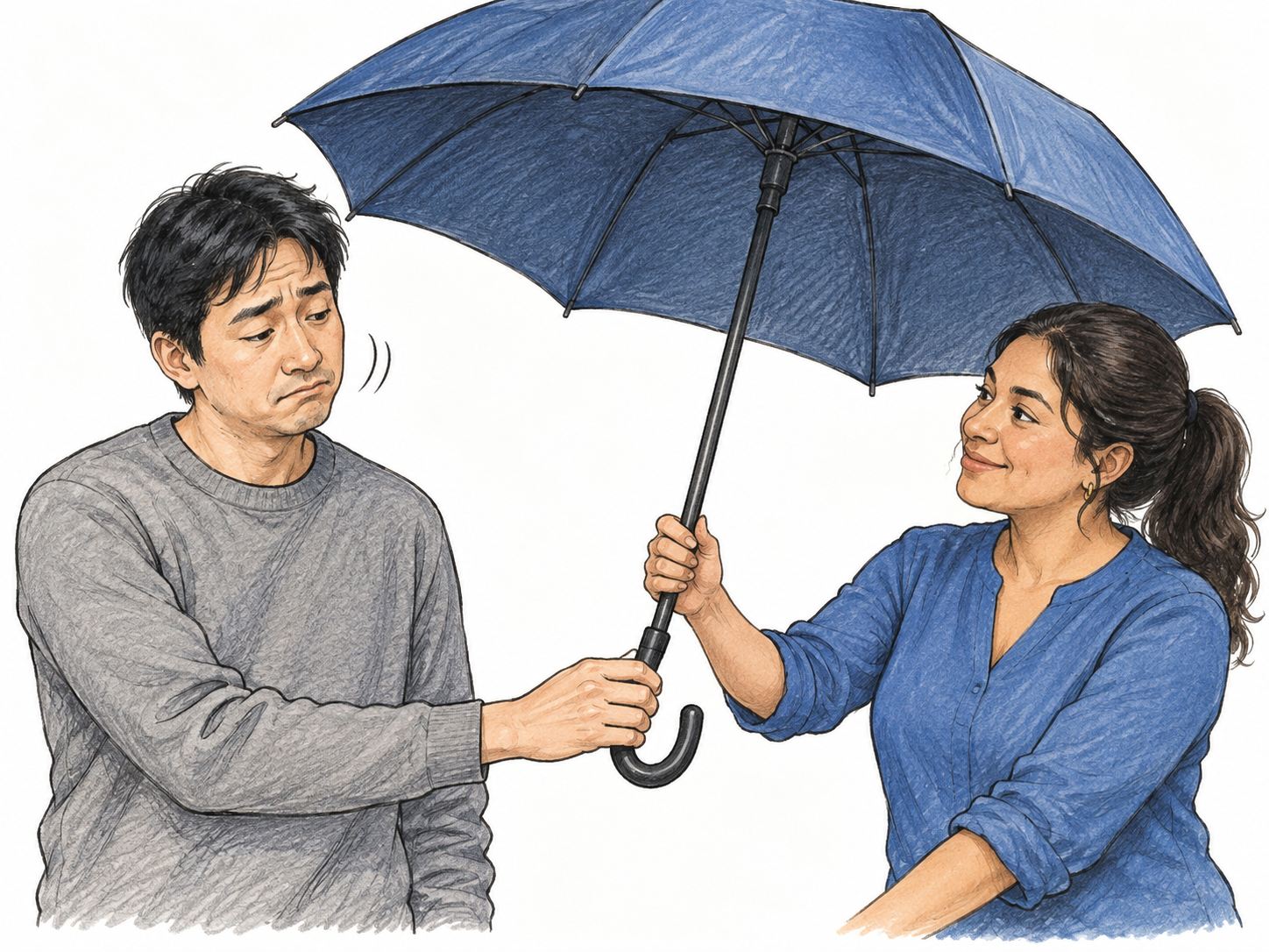 Man reluctantly agrees to woman proposed umbrella for walk: she offers large umbrella, he gives small resigned nod and accepts handle with slumped shoulders, faintly displeased but no protest.