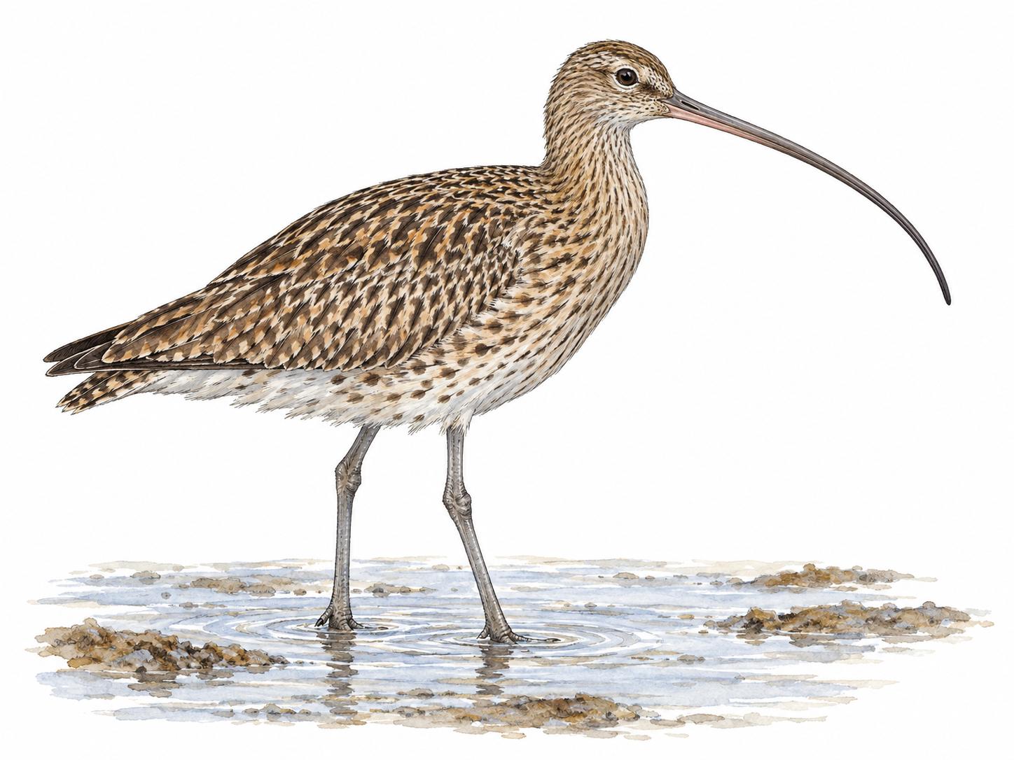 A single curlew standing in shallow tidal water in side profile, with its exceptionally long, downward-curving bill clearly silhouetted against white space.