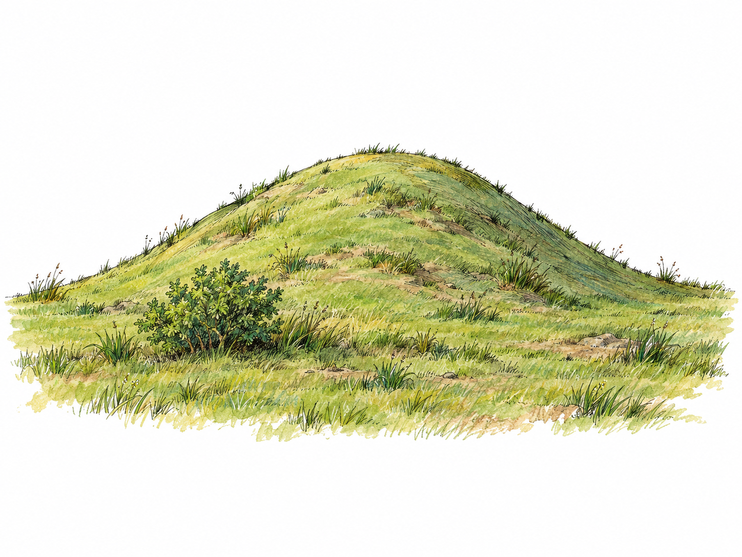 A single low, smoothly rounded grassy hill rising from otherwise level meadow, with a small shrub at its foot providing scale.