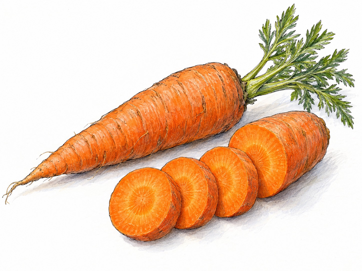 A whole carrot and a second carrot cut into thick rounds, with their vivid orange interiors prominently exposed to emphasize the plant pigment.