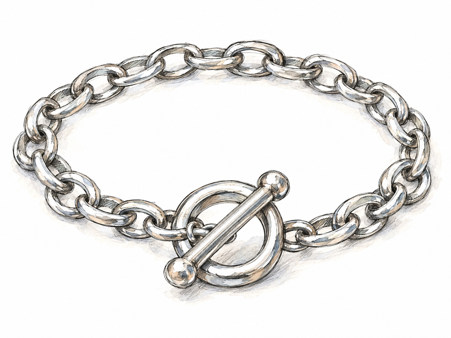 Close-up of a metal toggle clasp fastening the two ends of a bracelet, with the bar visibly passed through its matching ring.