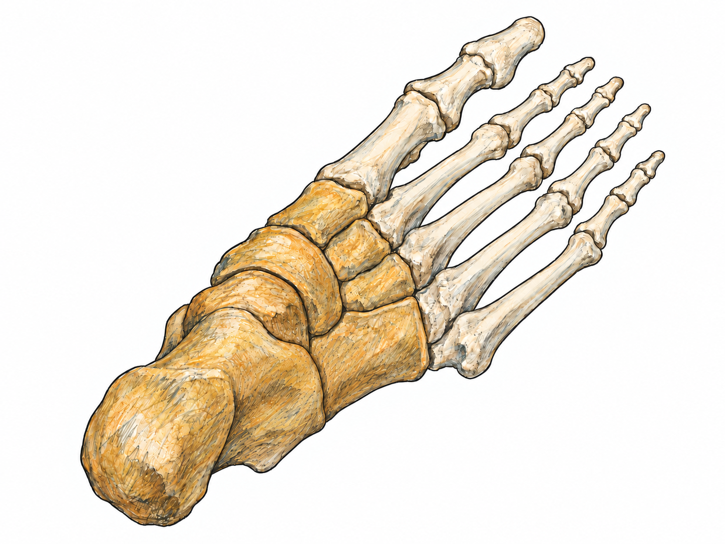 A single enlarged plantar view of an articulated human foot skeleton, with the seven tarsal bones colored ochre and the five metatarsals and toe bones pale ivory.