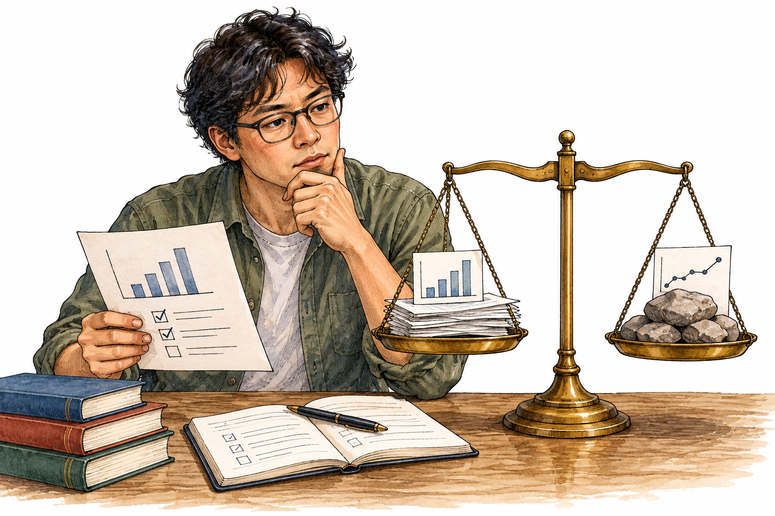 A thoughtful person compares measured evidence using a clear balance and simple records, reason-guided judgment.