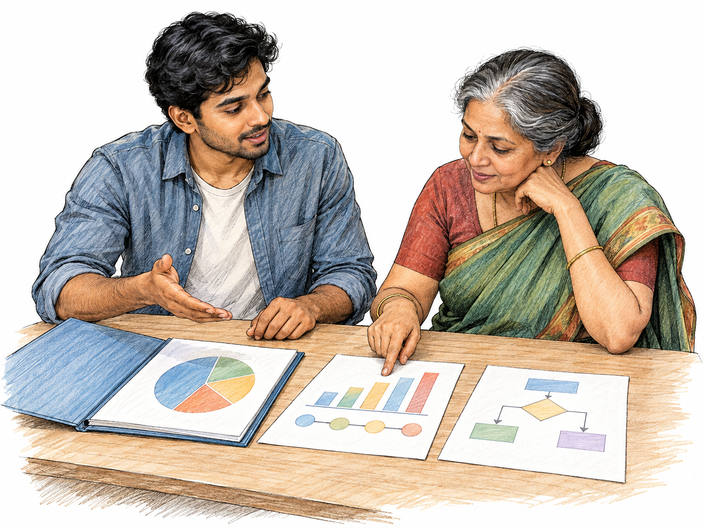 A project representative openly spreads project records across a small table for a visitor to examine, inviting scrutiny rather than keeping information hidden.