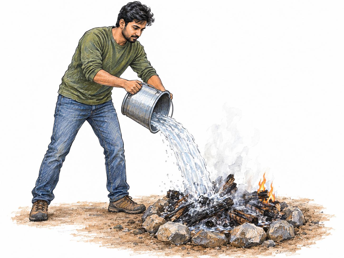 A man pours water over a small campfire, visibly extinguishing the burning wood: wet blackened logs and steam dominate, with a few small flames remaining at the far edge.