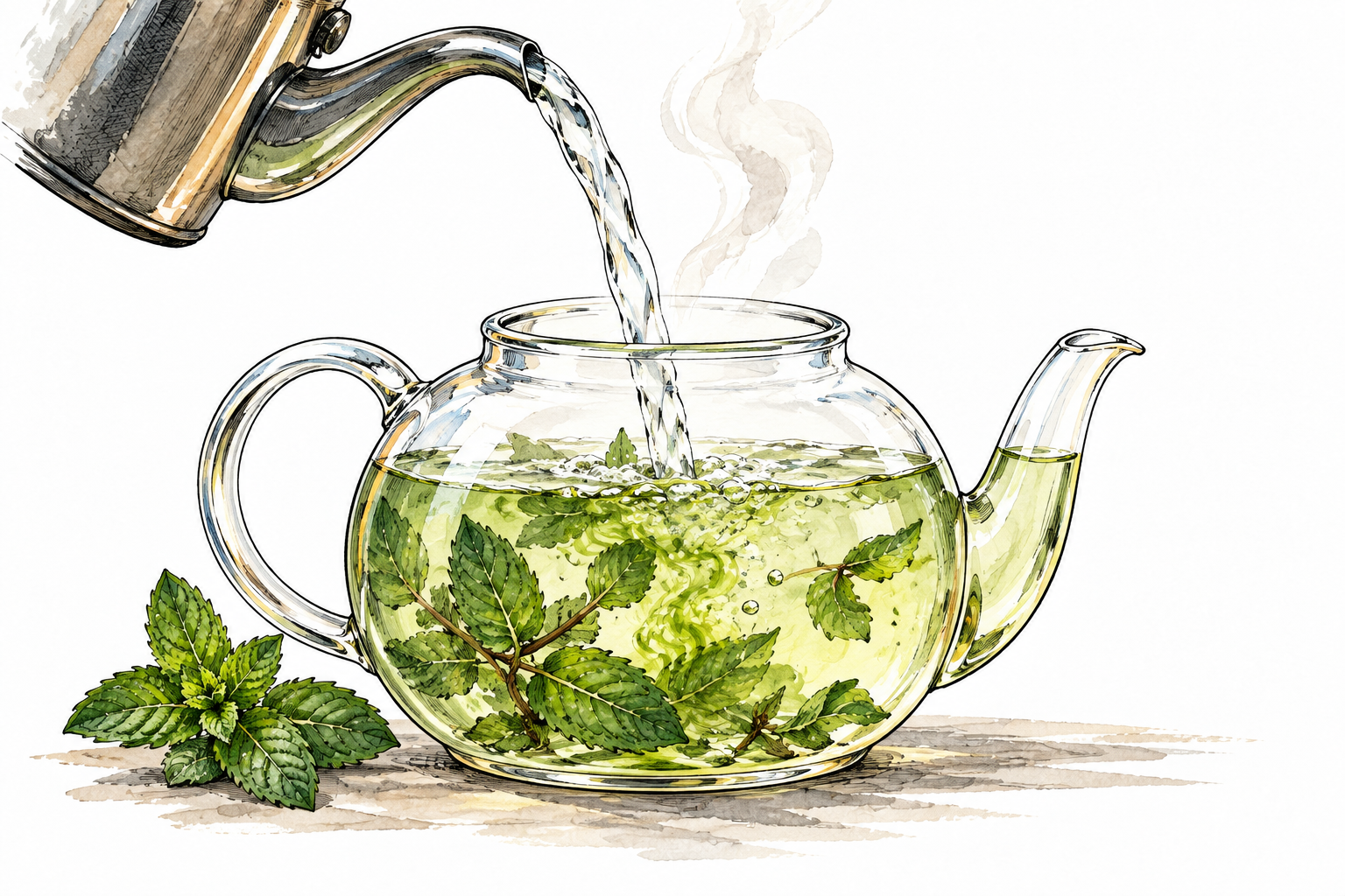Hot water pours into a clear glass teapot with mint leaves, spreading pale green flavor through water, no labels.