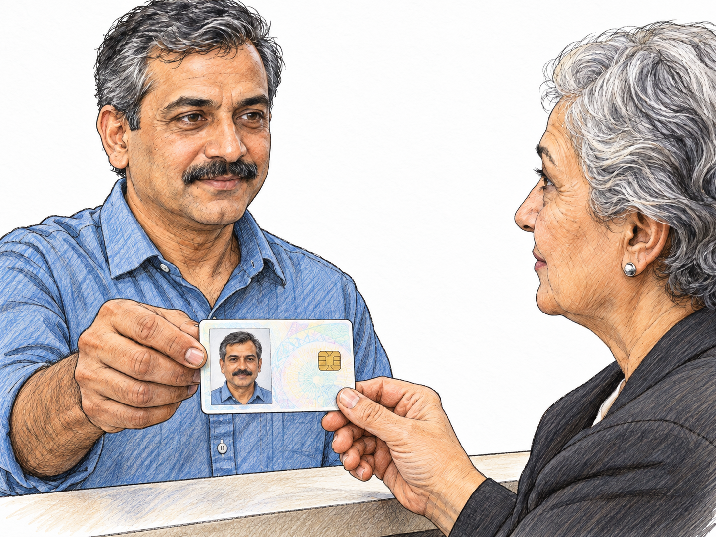 A man presents a photo identification card to a clerk, with his face and matching card portrait clearly visible as she checks them.