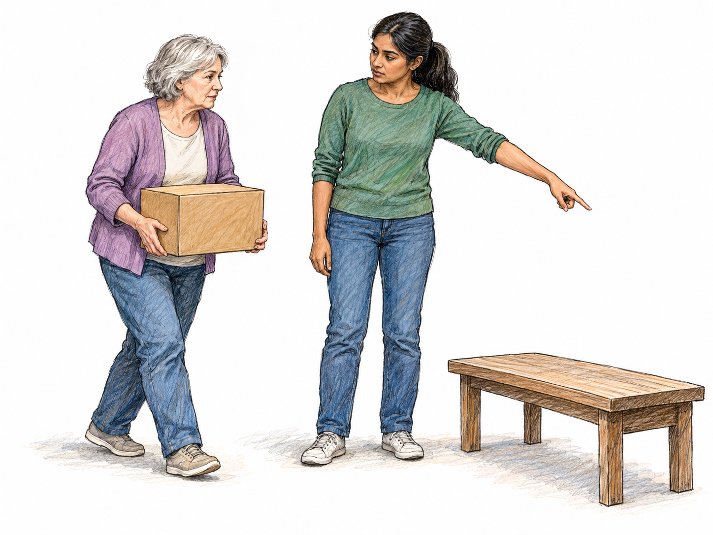An older follower immediately carries a plain storage box toward the spot indicated by a younger director, her attentive gaze and unquestioning compliance making the command-and-obedience relationship clear.