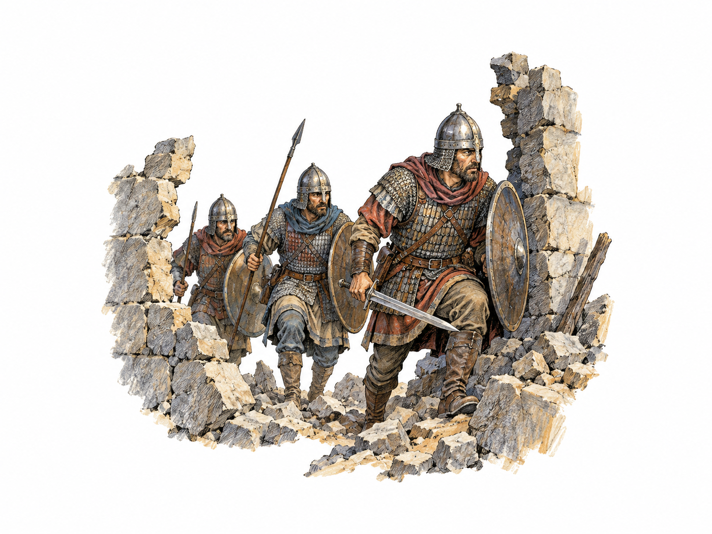 A small column of hostile soldiers crosses a breached defensive wall, clear armed territorial entry, no flags or gore.