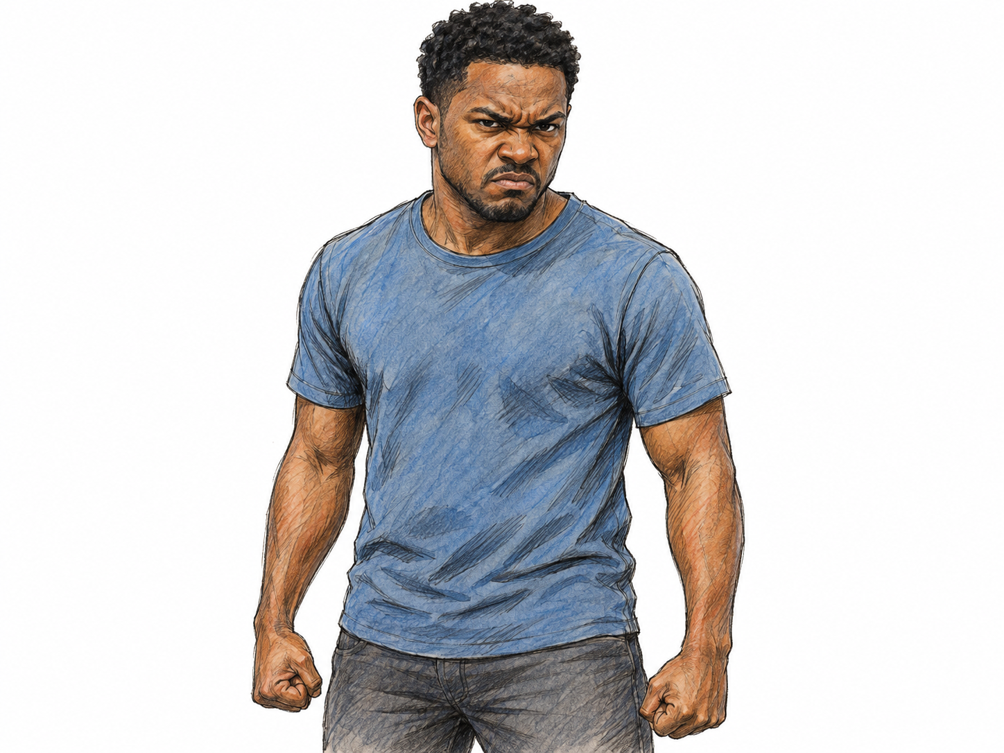 A young adult Black man visibly experiencing anger, with drawn-together brows, a tight jaw, tense shoulders, and clenched hands held at his sides.