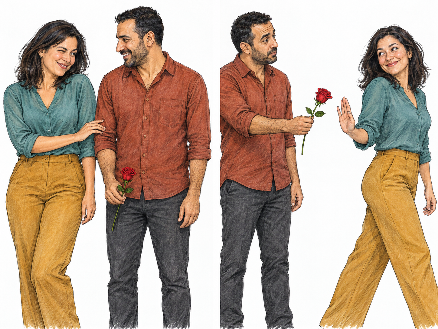 A woman who flirts playfully without serious romantic intent: she initiates teasing contact, then cheerfully declines the man's romantic overture and disengages.