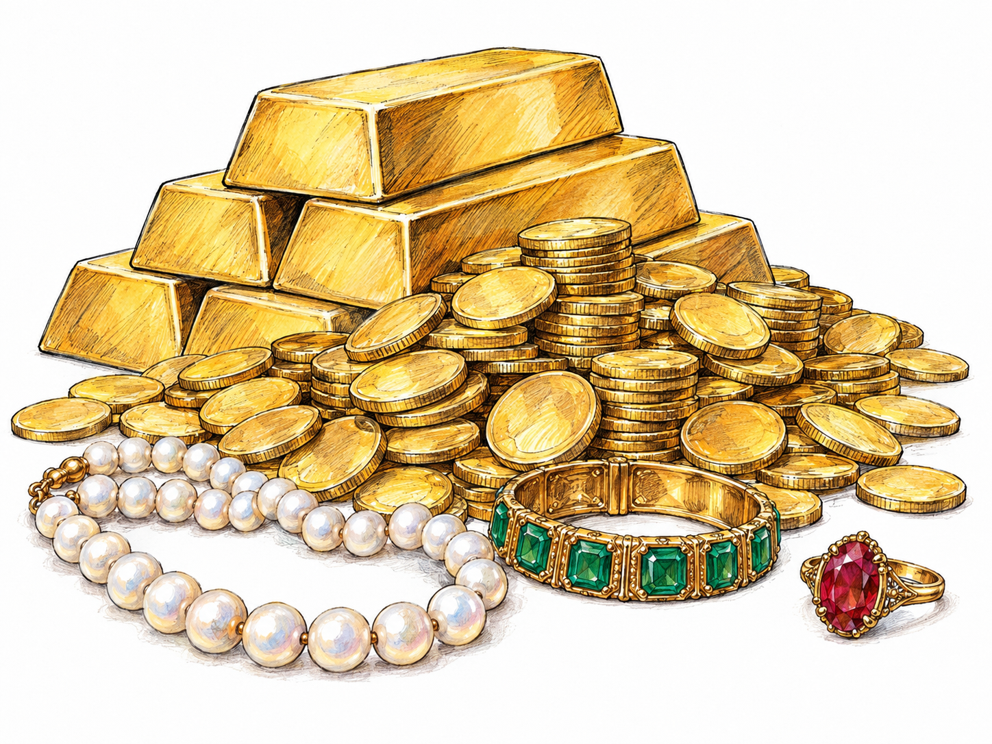 An abundant collection of gold bars, gold coins, pearl necklaces, and gemstone jewelry visibly conveys great wealth and valuable possessions.
