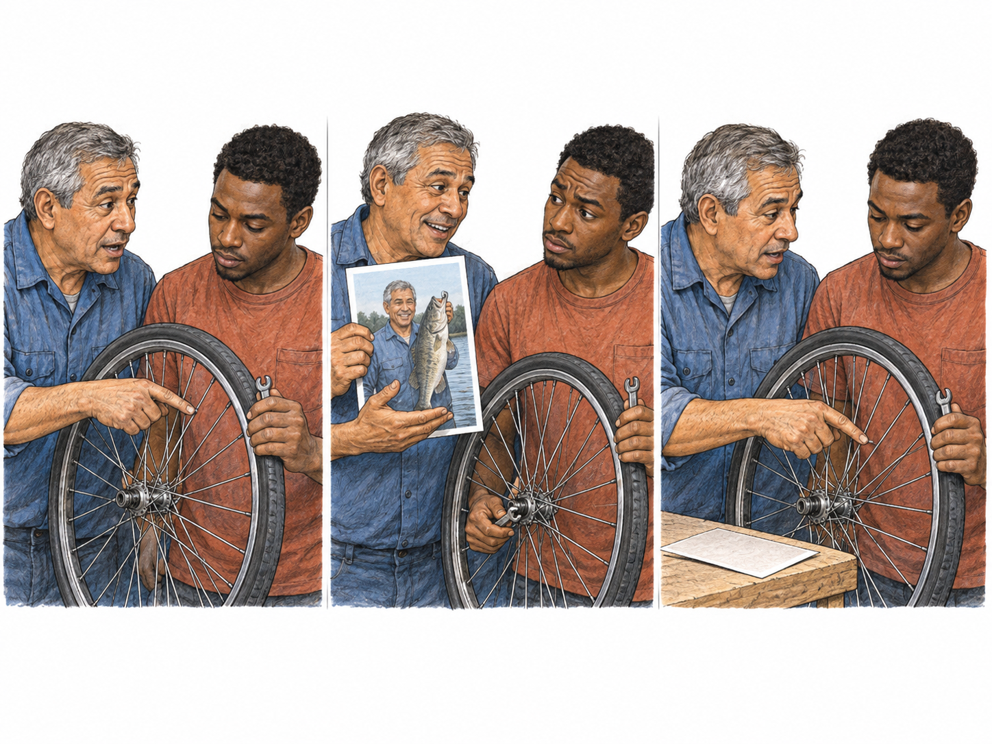 A bicycle-repair instructor briefly wanders into an animated fishing anecdote, then returns to the bicycle lesson.