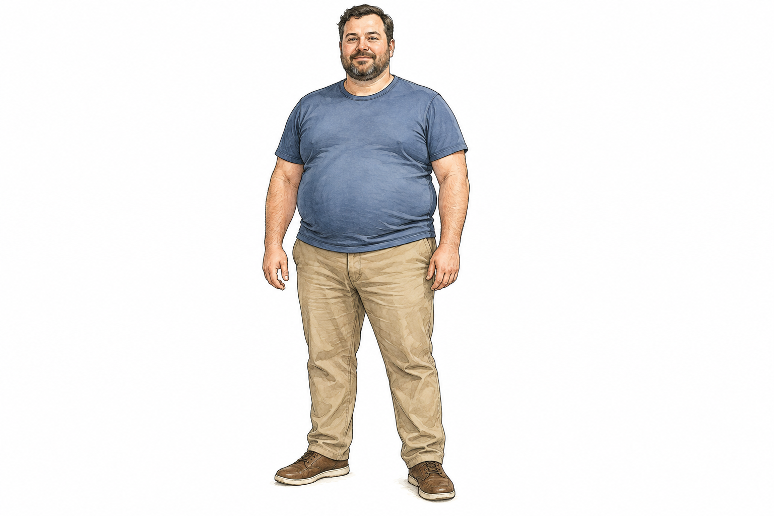 Respectful clinical illustration of adult man with obesity in plain fitted shirt and trousers, neutral standing posture, no ridicule or food props.
