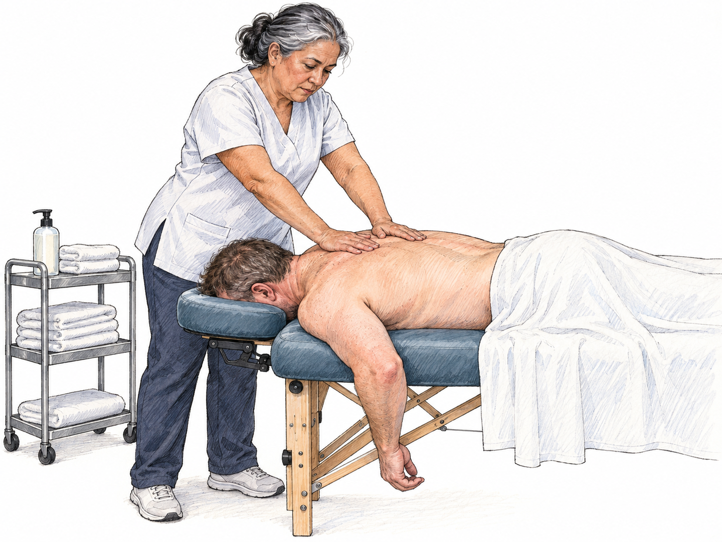 An older woman massage professional applies two-handed pressure to a male client's upper back on a purpose-built massage table.