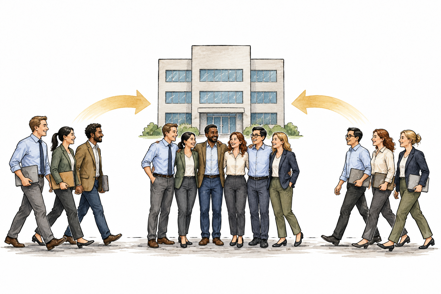 Two small companies represented by two modest office teams join into one larger shared office team under a single plain building silhouette.