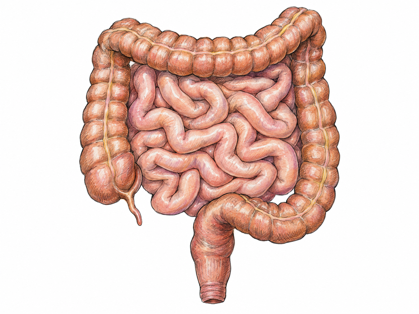 An isolated, anatomically credible human intestinal tract, with coiled small intestine framed by the thicker large intestine and its descending continuation into the rectum.