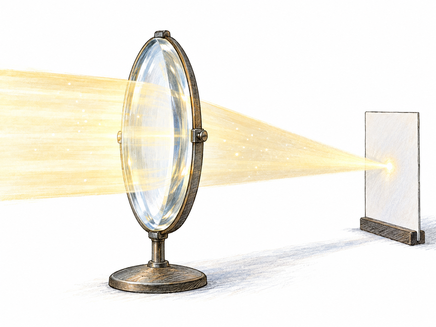 A thick-centered, curved glass lens in a small stand concentrates a broad beam of light into a tiny bright spot on a plain white card.