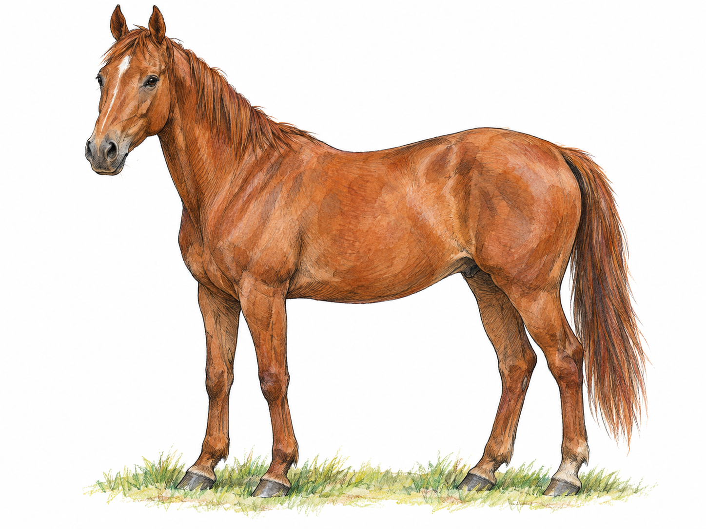 A single adult mare standing calmly in side profile, with natural equine proportions and a small patch of grass beneath her hooves.