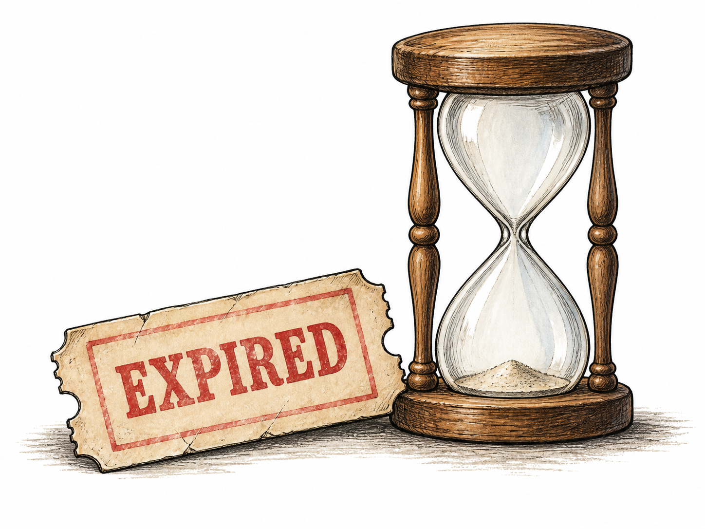 A simple expired admission ticket lies beside an hourglass whose sand has run out.