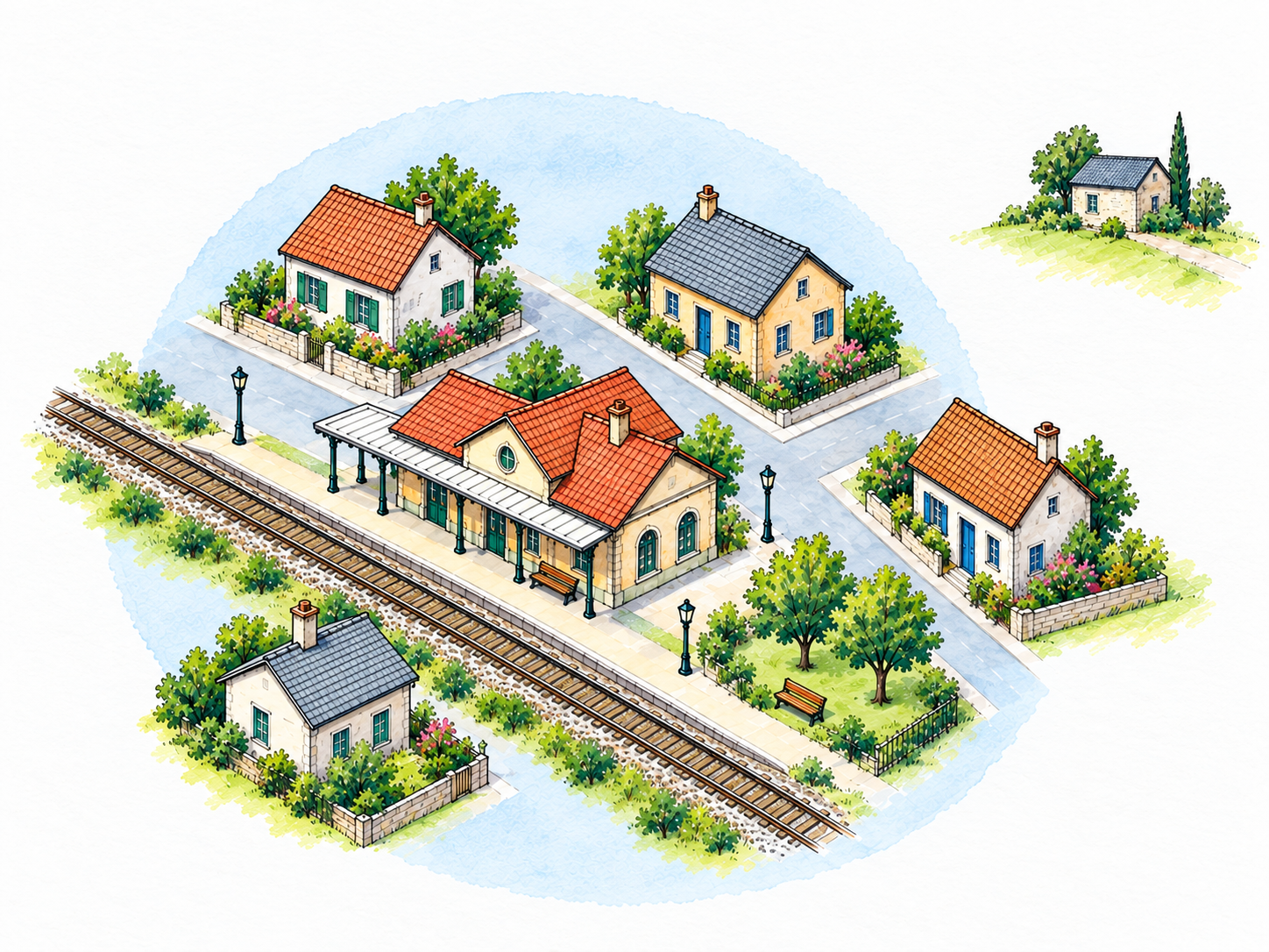 A compact bird’s-eye neighborhood view centered on a distinctive red-roofed railway station, with a few houses, a small park and intersecting streets immediately around it.