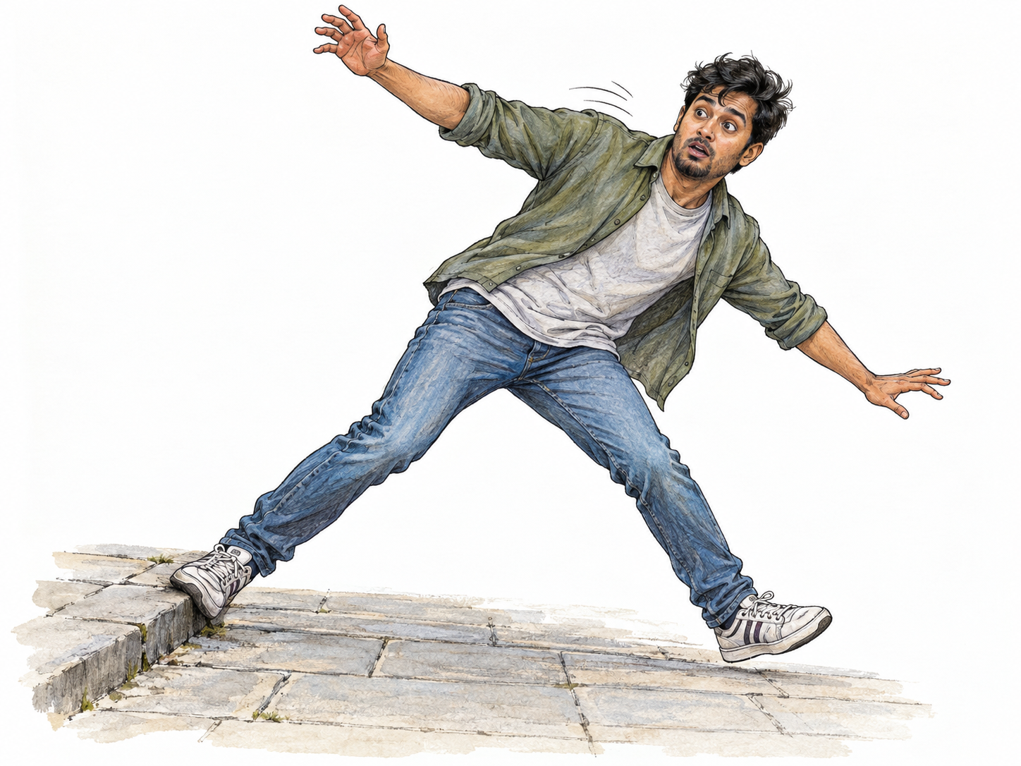 A walking man abruptly loses his balance sideways after his shoe catches a raised paving edge.