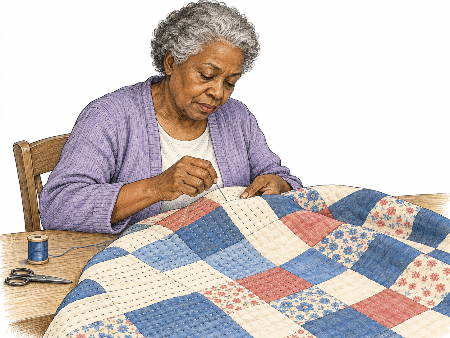 An older woman carefully hand-stitches the final section of a large quilt: many evenly finished seams show sustained effort, while her close inspection and precise current stitch show care.