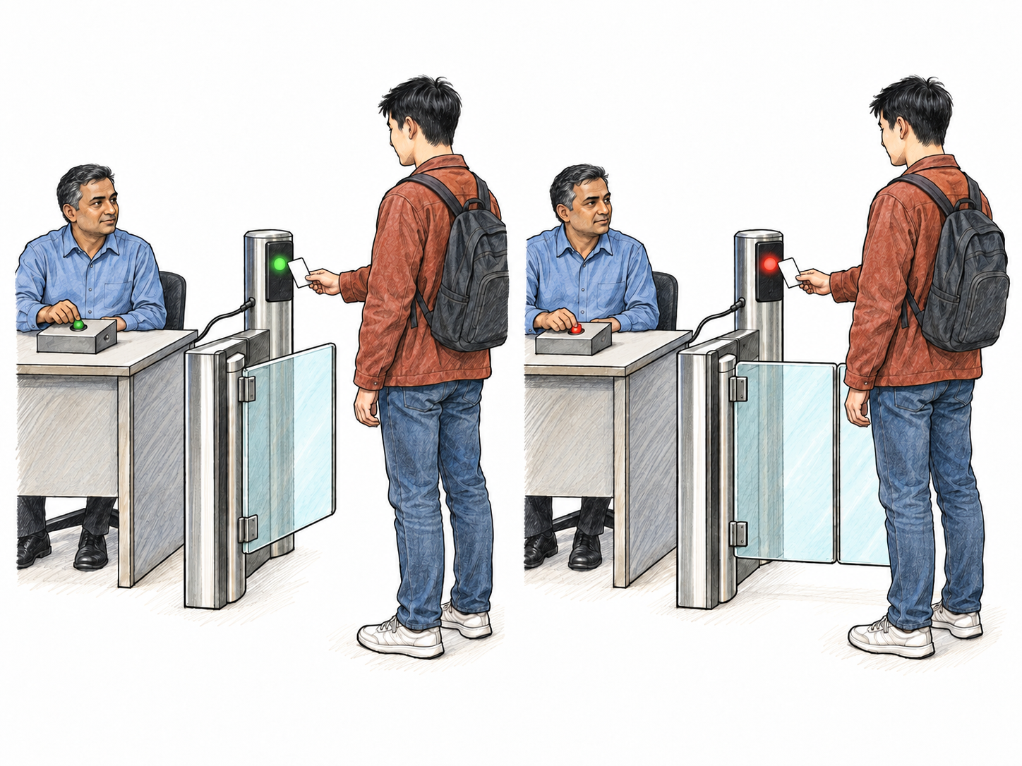 Revocable access: the same administrator can enable and withdraw a visitor's badge access using an ordinary access-control switch.