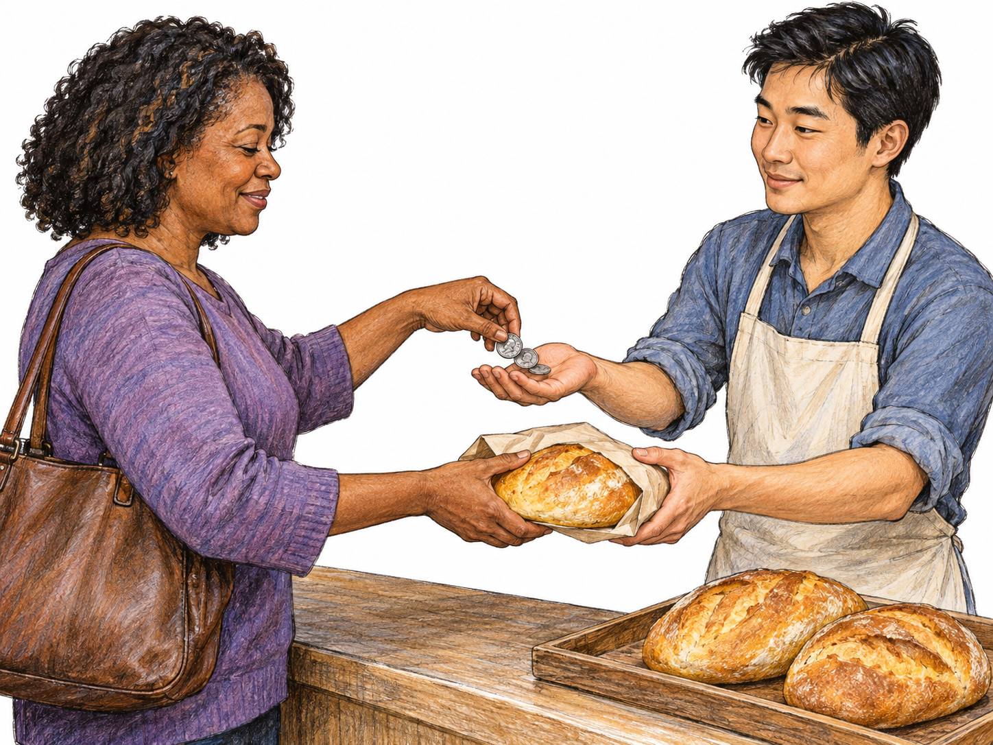 A customer buys a loaf of bread: she hands coins to a baker across a small counter while receiving the wrapped loaf with her other hand.