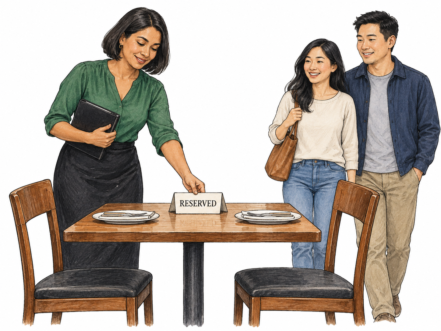 Host places small functional RESERVED card on one empty dining table with two chairs while expecting arriving couple; reserved place clearly kept available, no room scenery.