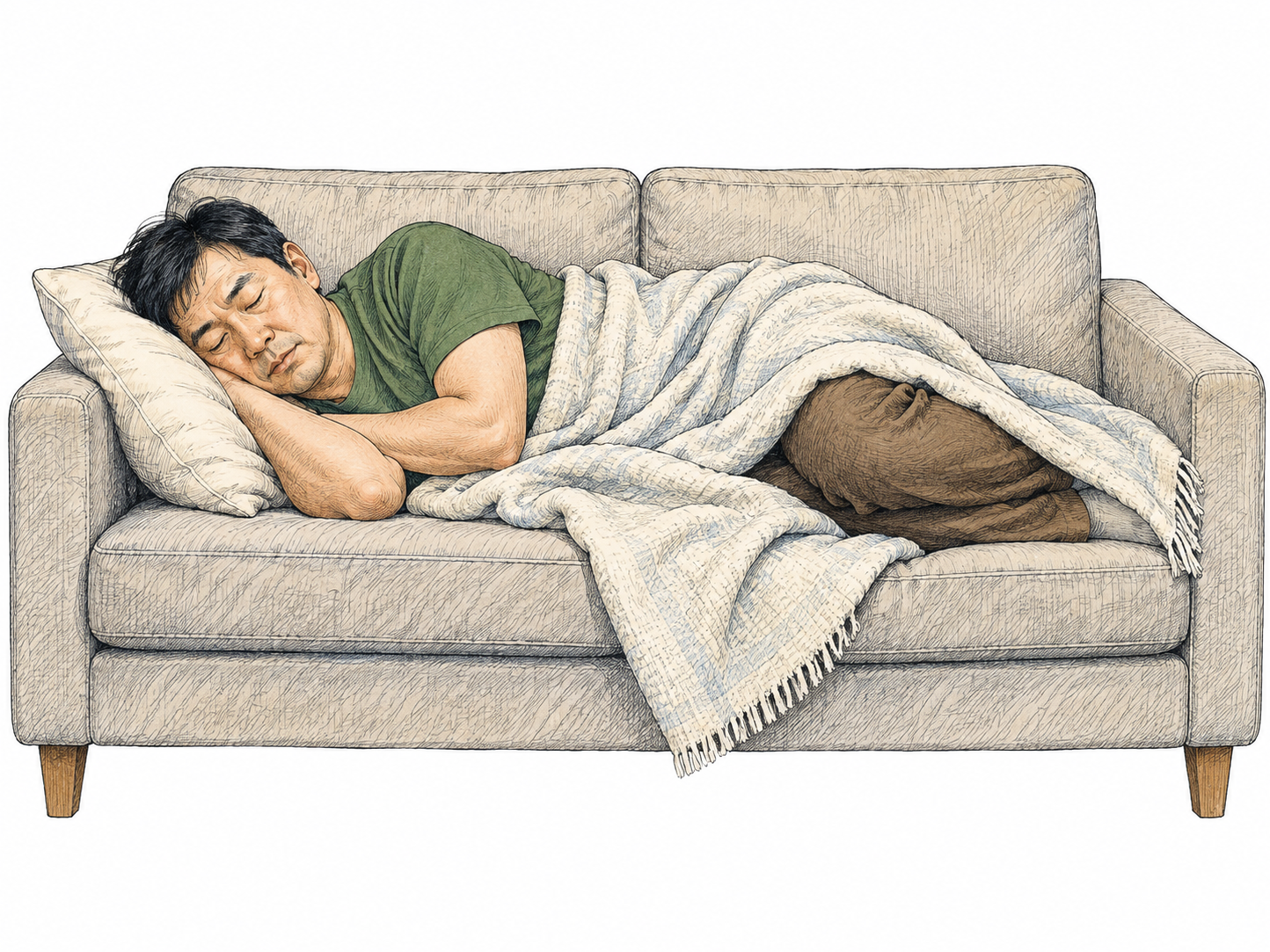 An adult peacefully sleeps curled on a simple sofa with a light blanket, closed eyes and relaxed hands; only sofa, pillow, blanket and person, no room clutter.