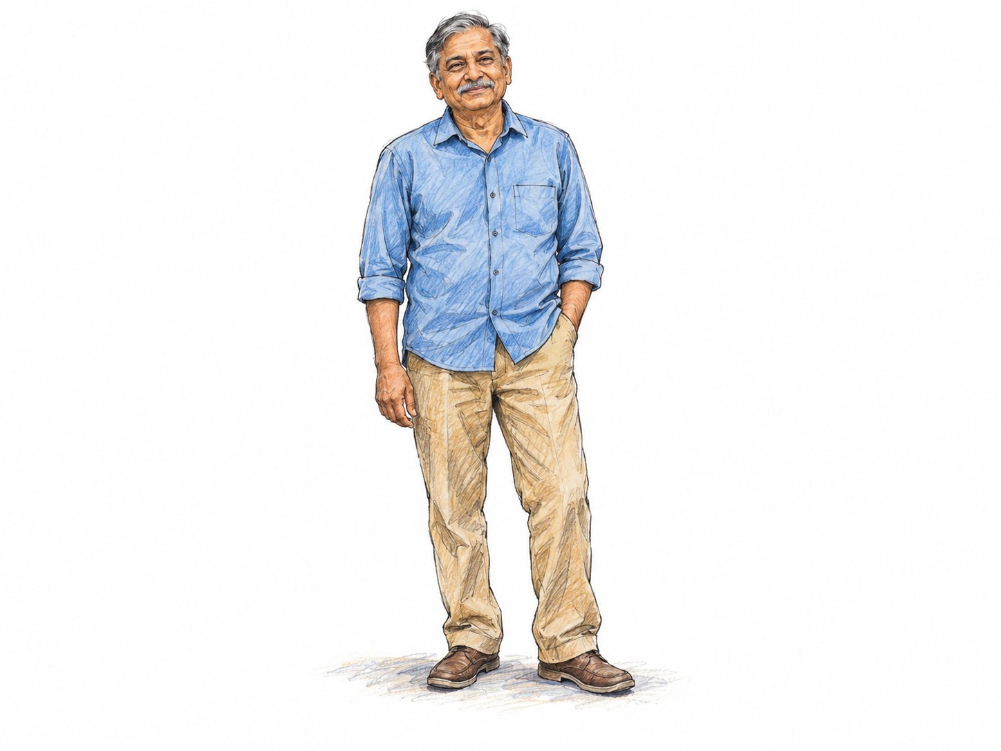 A single ordinary older man stands casually with one hand in his trouser pocket, illustrating the everyday sense of “a man or boy.”.