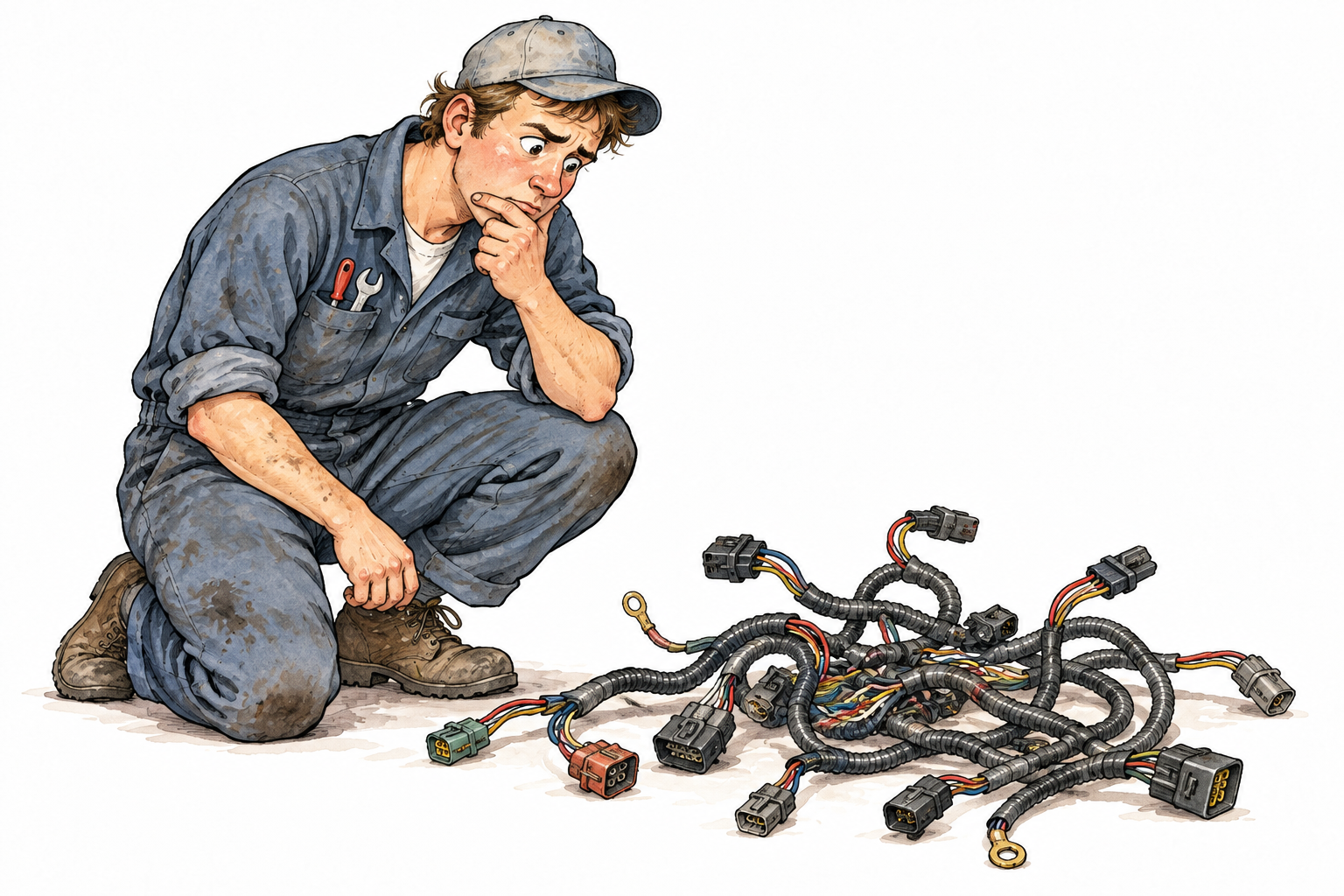 Young white mechanic looks puzzled at a tangle of disconnected cables, hand to chin.