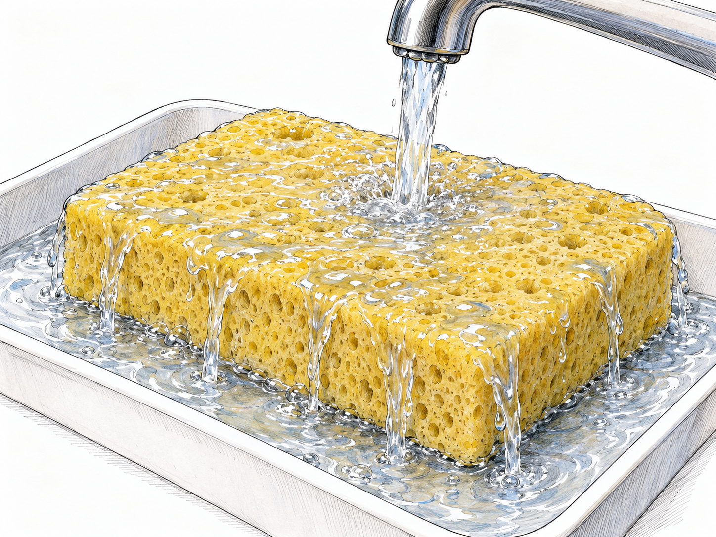 A thoroughly waterlogged sponge beneath a running faucet, with water beading over its entire surface and overflowing from its sides into a shallow tray.