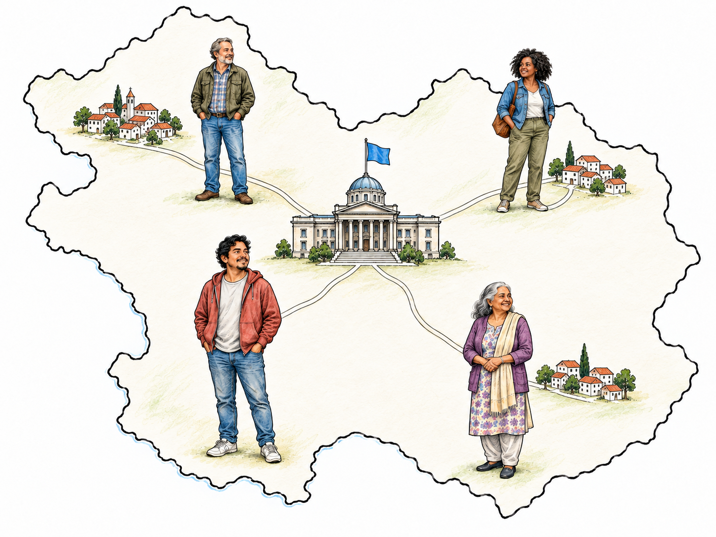 A simplified country-shaped map contains several separated towns connected to one central national parliament.