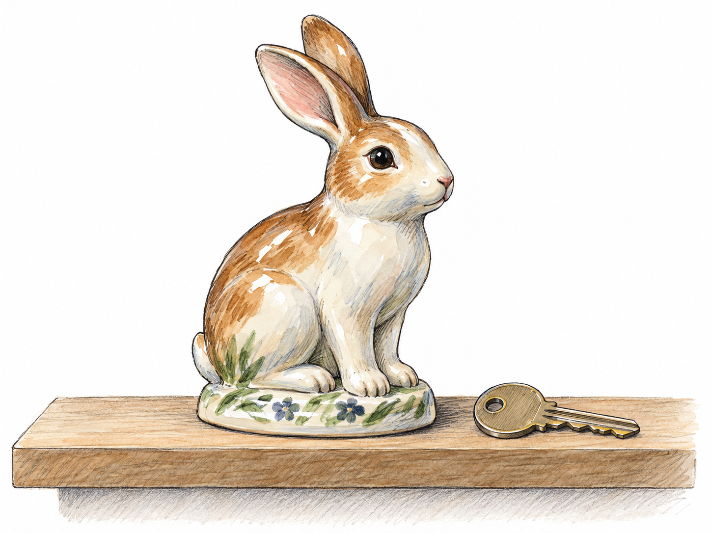 A small glazed ceramic rabbit figurine on a plain shelf, with an unmarked house key beside it to make its miniature decorative scale clear.
