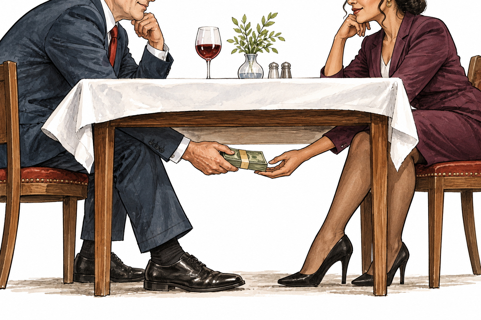 A secret dishonest payment is passed under a table between fictional adults, no ethnic stereotype or real person.