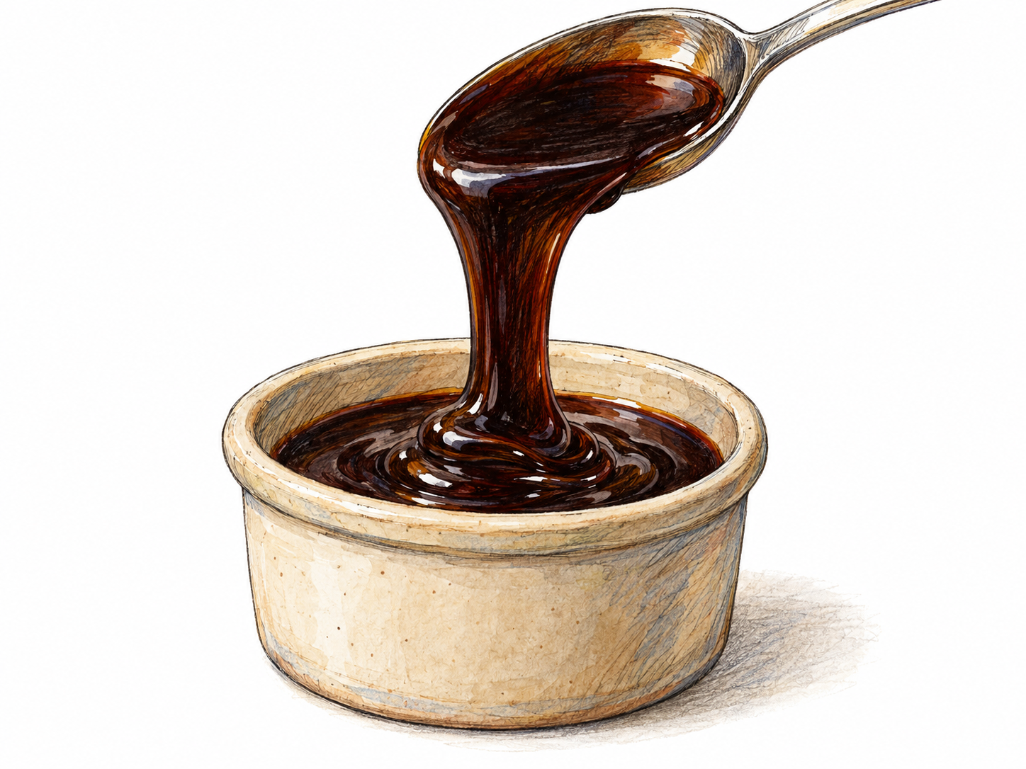 A spoonful of dark treacle pours in a slow, thick ribbon into a small open crock, forming a glossy folded mound that visibly conveys the syrup sense.