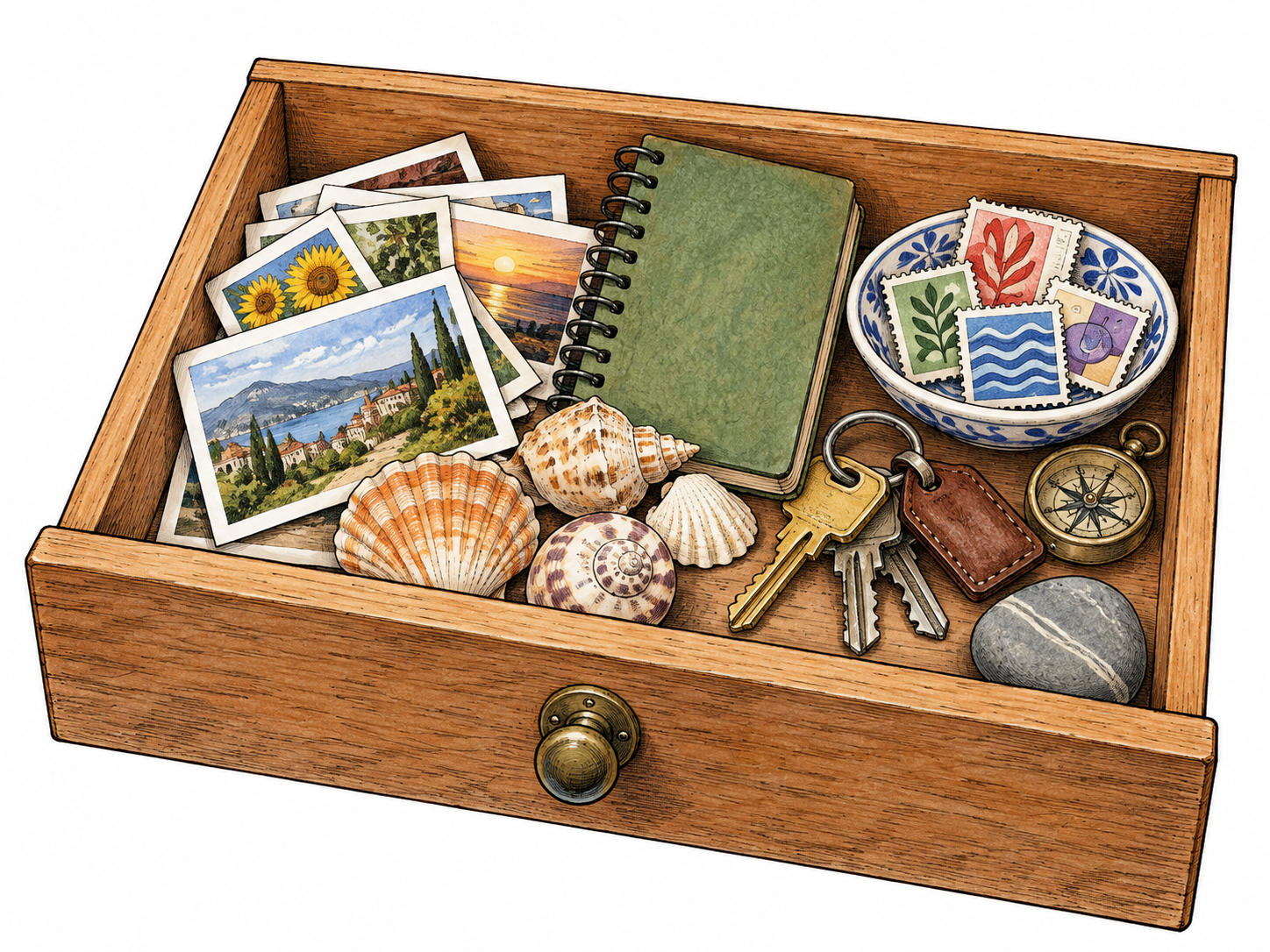 An open shallow drawer holds a varied collection of photographs, a small notebook, shells, keys and stamps with abstract patterns.
