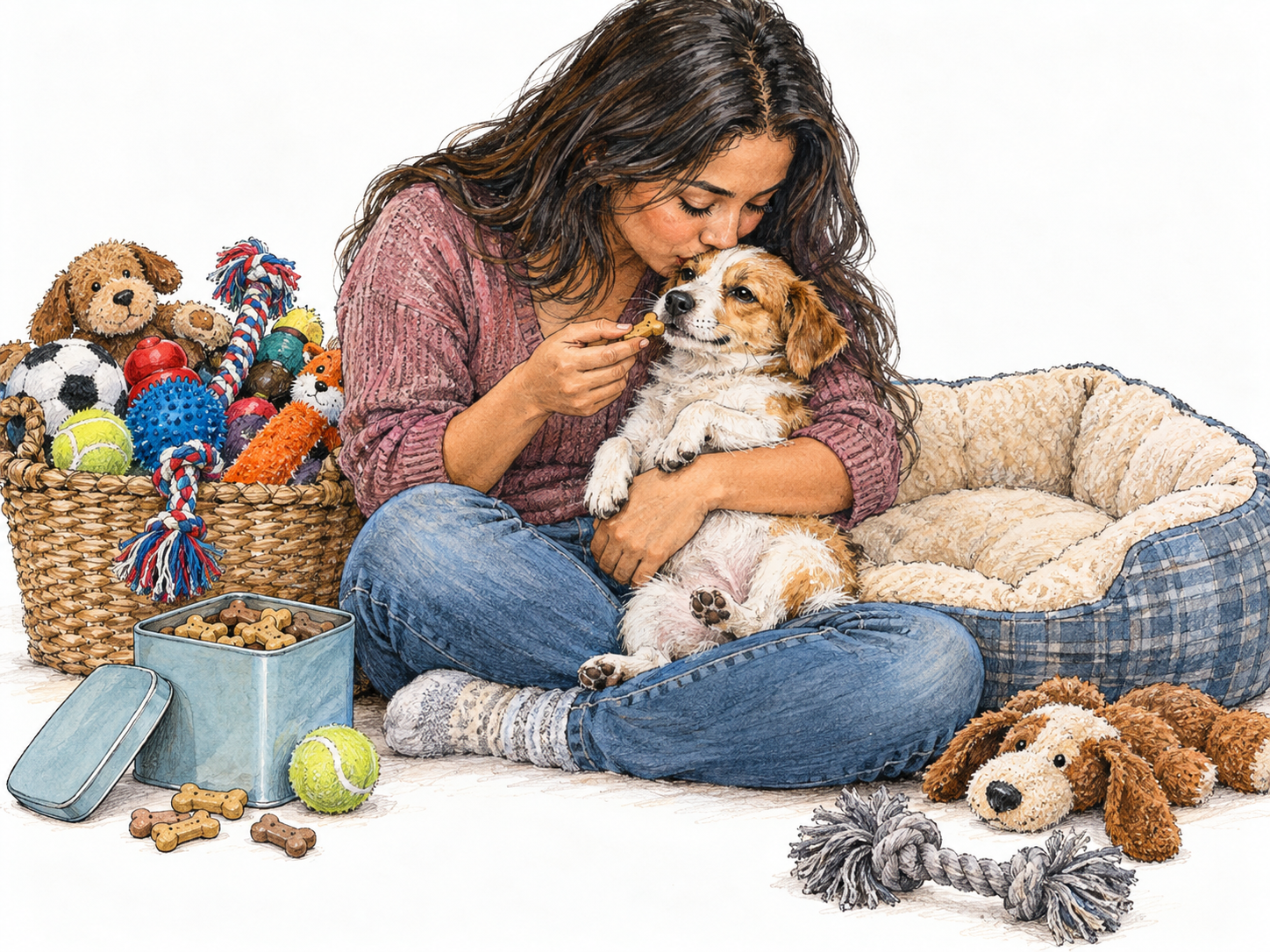 A young woman lavishes affectionate attention on her small dog, cradling it against her chest, kissing its head and offering a treat beside its lavishly cushioned bed and overflowing collection of toys.