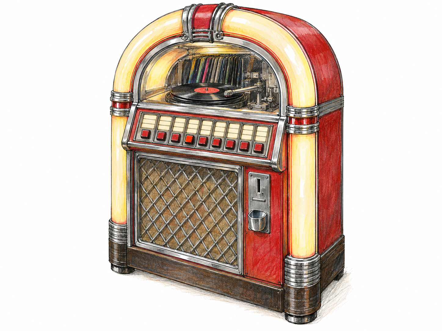 An unmistakable vintage jukebox with a prominent coin slot, selectable song buttons, visible records and playback mechanism, and a large speaker grille.